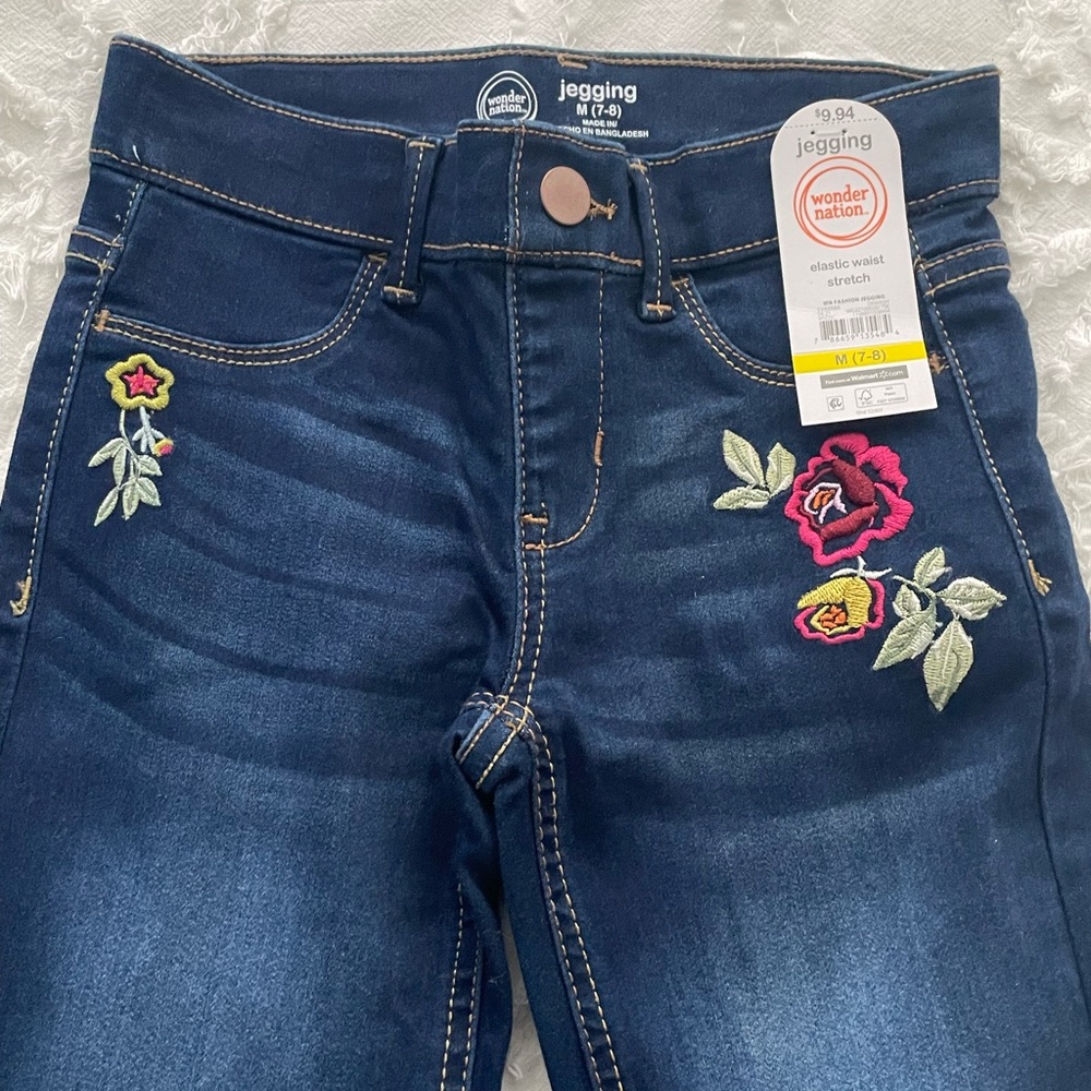 New Girls Blue Denim Jeans with Flowers, Size Medium